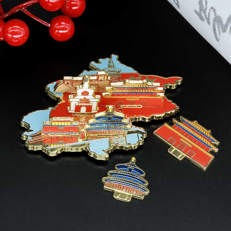 Metal Assembled Luxury Colorful Chinese Architecture Badge Hard Enamel Lapel Pin Ornament Set with Gift Box