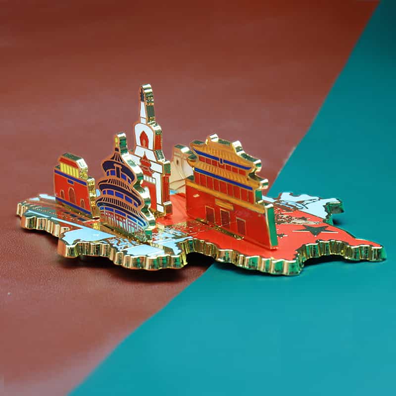 Metal Assembled Luxury Colorful Chinese Architecture Badge Hard Enamel Lapel Pin Ornament Set with Gift Box