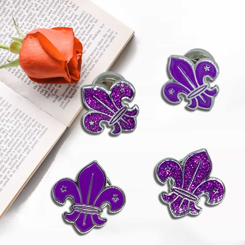 Iron Stamped Enamel Glitter Purple Fleur-de-Lis French Style Badge Pin