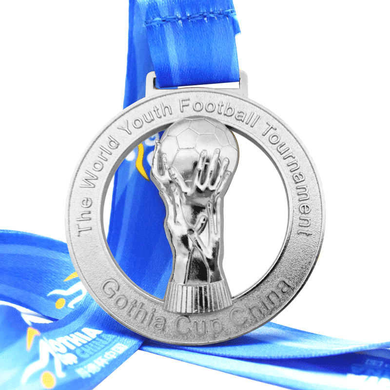 Zinc Alloy Die Casted Polished World Youth Football Theme 3D Trophy-Shaped Hollow Gold Medal with Blue Lanyard