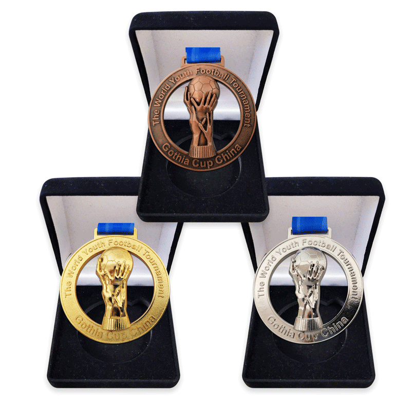 Zinc Alloy Die Casted Polished World Youth Football Theme 3D Trophy-Shaped Hollow Gold Medal with Blue Lanyard