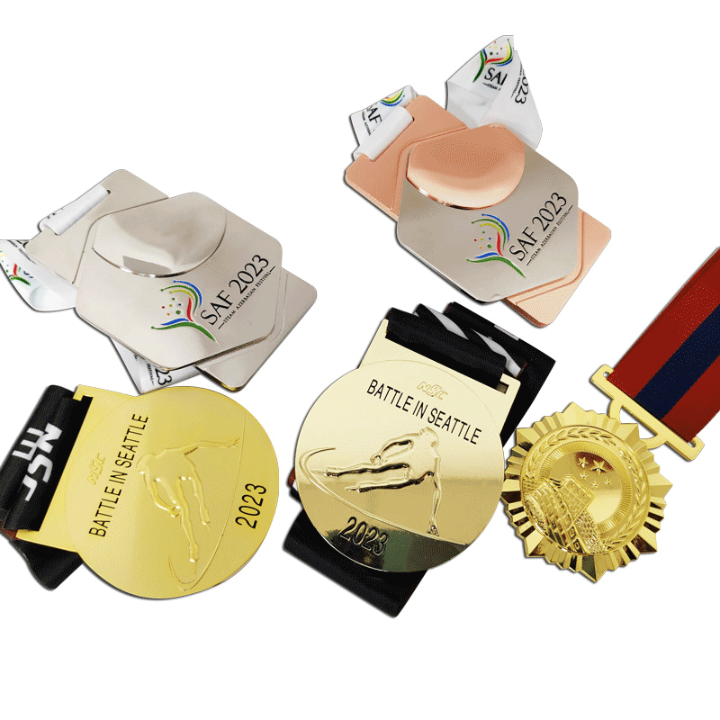 Zinc Alloy Die Casted Double Painted Matte Gold Speed Skating Competition Embossed Medal with Black Lanyard