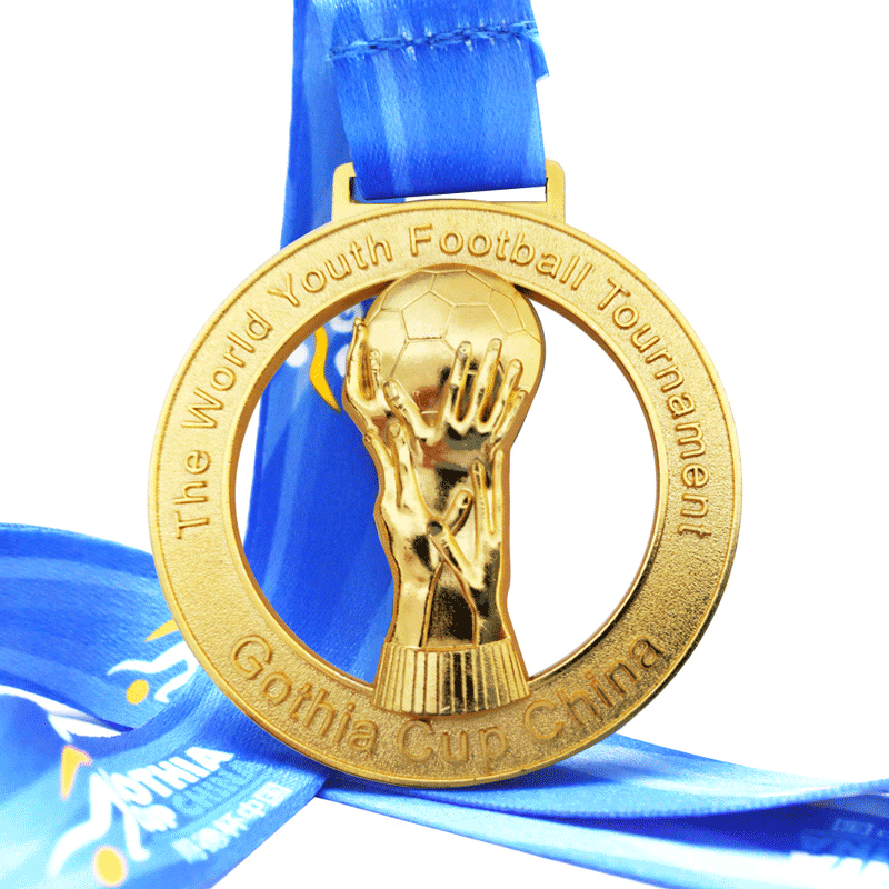 Zinc Alloy Die Casted Polished World Youth Football Theme 3D Trophy-Shaped Hollow Gold Medal with Blue Lanyard