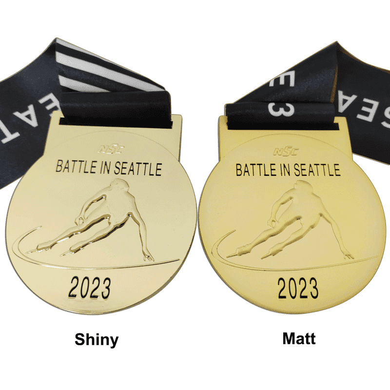 Zinc Alloy Die Casted Double Painted Matte Gold Speed Skating Competition Embossed Medal with Black Lanyard