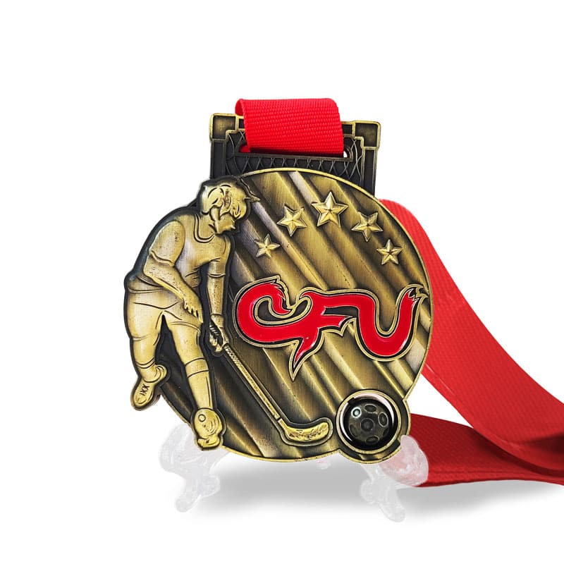 Zinc Alloy Die Casted Soft Enamel Antique Plated Polished Hockey Player Style 3D Emblem Sports Competition Medal