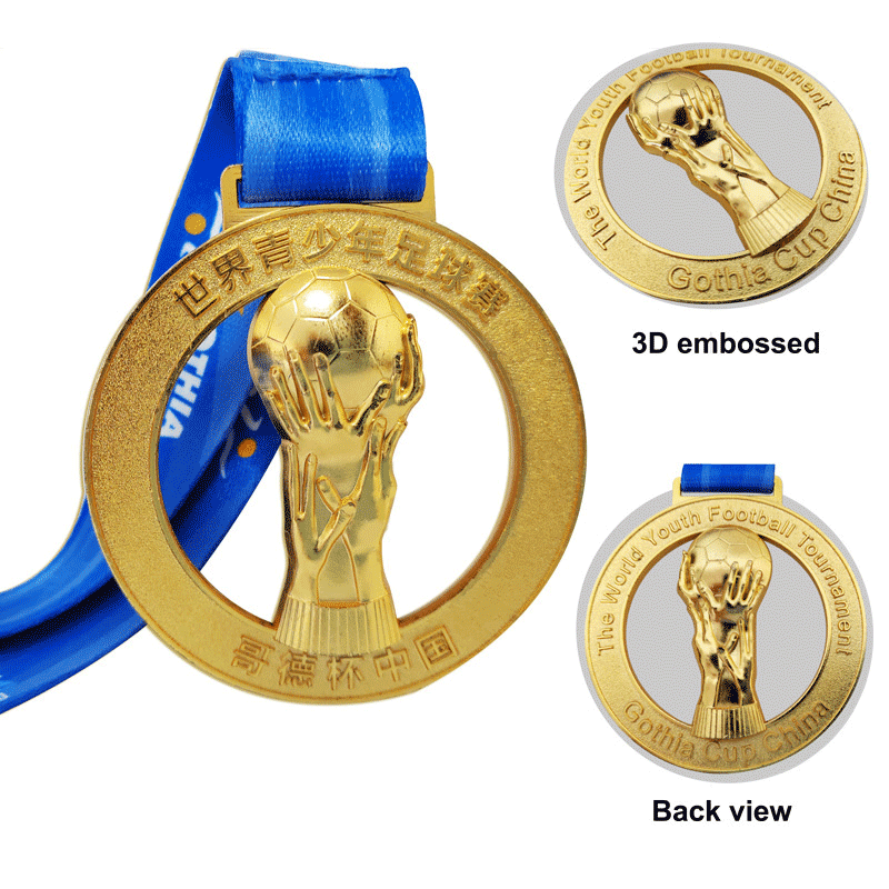 Zinc Alloy Die Casted Polished World Youth Football Theme 3D Trophy-Shaped Hollow Gold Medal with Blue Lanyard