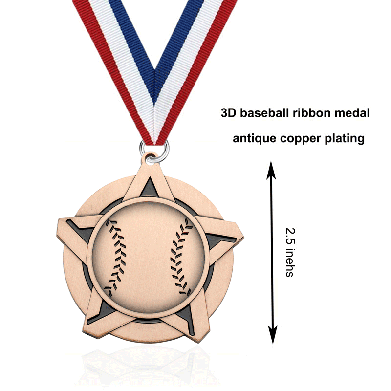 Custom Sports Event Baseball Star Medal with Gold, Silver, and Bronze Plating for Participants and Winners with Red, White, and Blue Ribbon