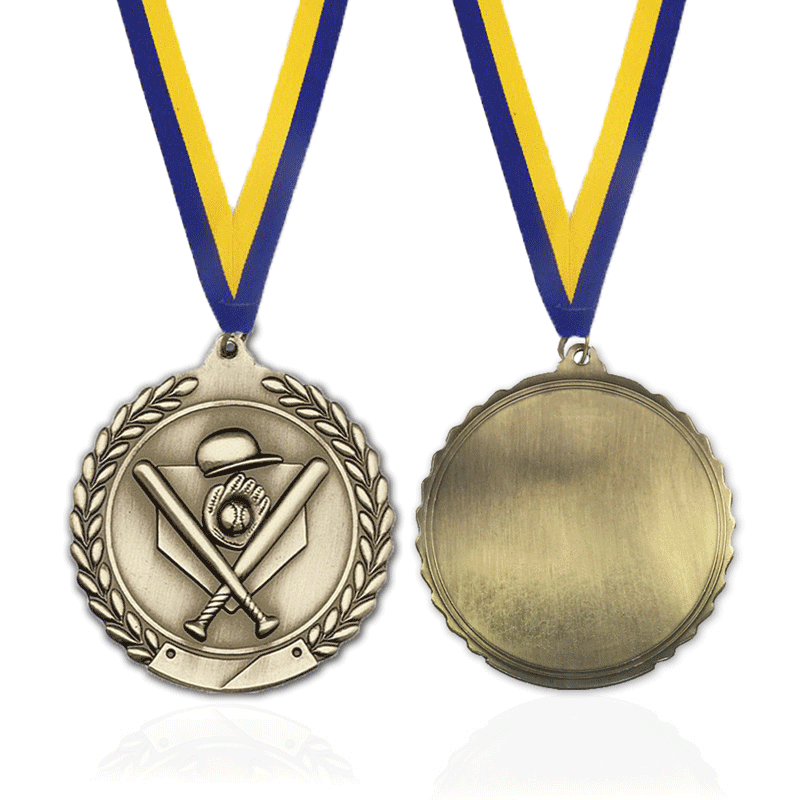 Custom Zinc Alloy Baseball Event Medals with Antique Gold, Silver, and Bronze Plating for Sports Clubs with Blue and Yellow Ribbon