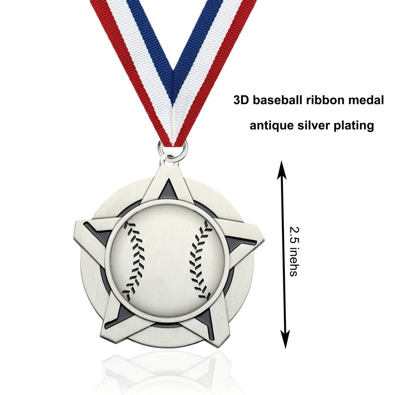 Custom Sports Event Baseball Star Medal with Gold, Silver, and Bronze Plating for Participants and Winners with Red, White, and Blue Ribbon