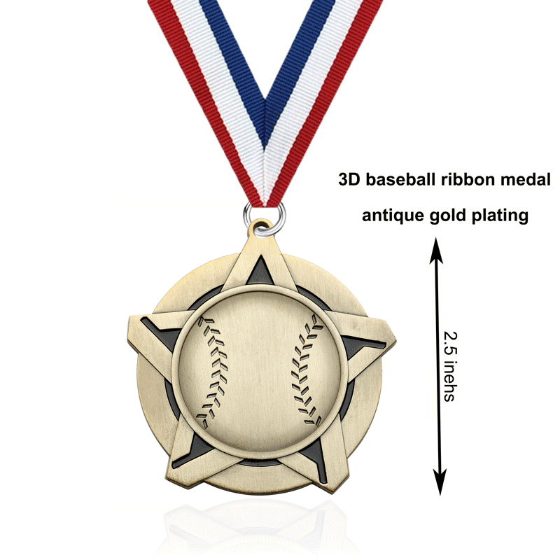 Custom Sports Event Baseball Star Medal with Gold, Silver, and Bronze Plating for Participants and Winners with Red, White, and Blue Ribbon