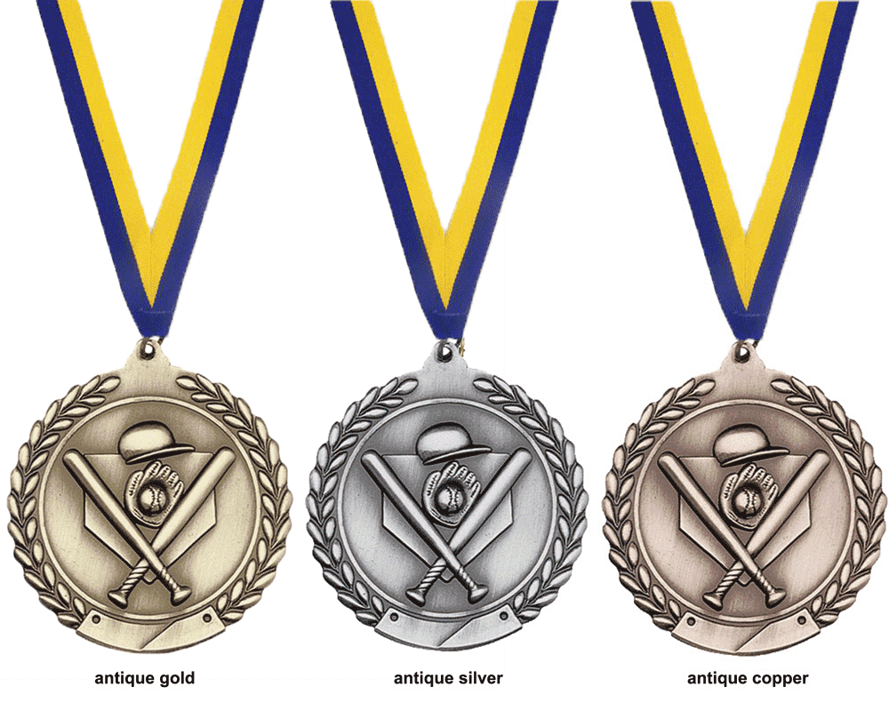 Custom Zinc Alloy Baseball Event Medals with Antique Gold, Silver, and Bronze Plating for Sports Clubs with Blue and Yellow Ribbon