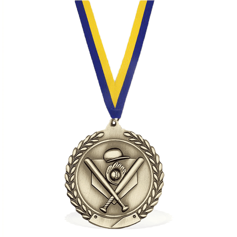 Custom Zinc Alloy Baseball Event Medals with Antique Gold, Silver, and Bronze Plating for Sports Clubs with Blue and Yellow Ribbon